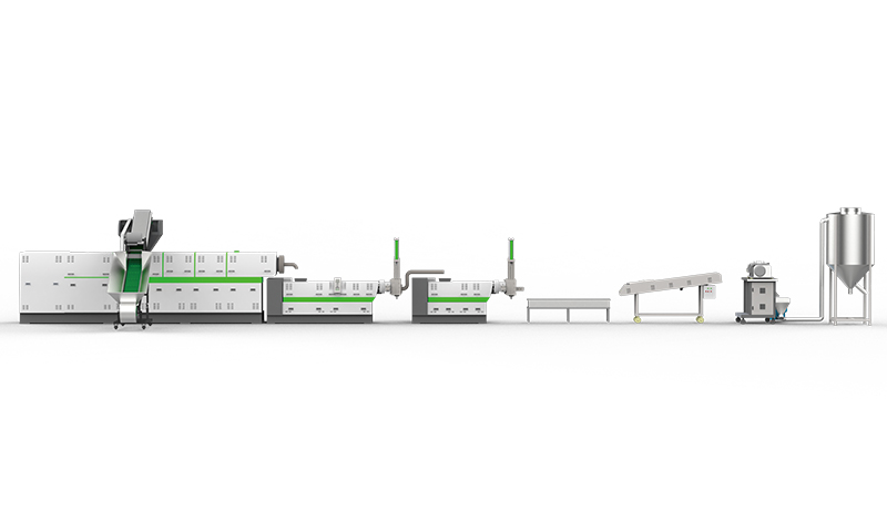 Parallel opposite twin screw three stage pelletizing line